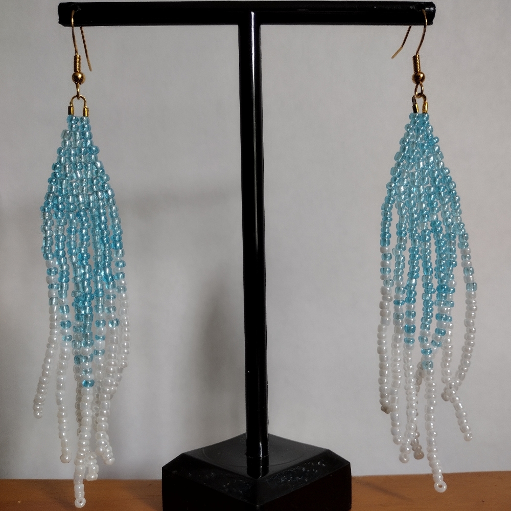 Beautiful 4" Beaded Blue Fringe Dangle S925 Earrings